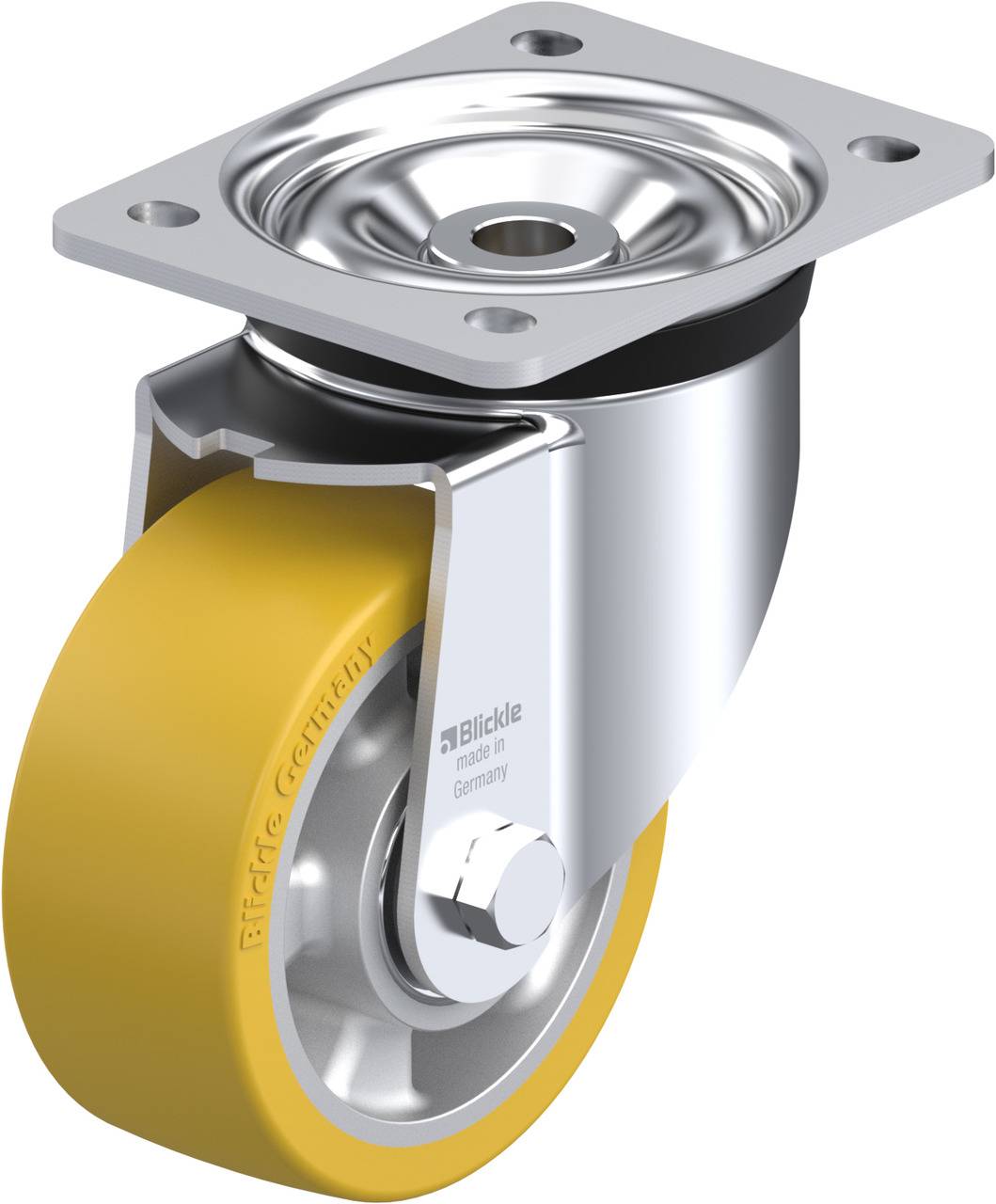 Eine schwenkbare Rolle mit gelbem Rad und silbernem Gehäuse. Oben befindet sich eine rechteckige Metallplatte zur Befestigung.