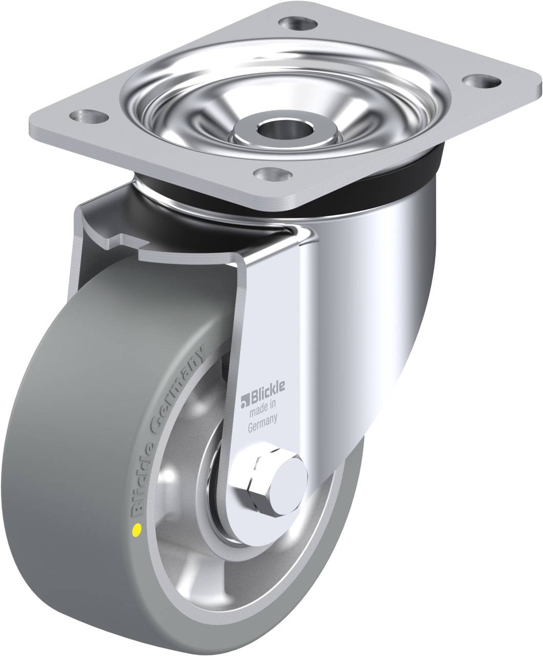 Rolle mit grauem Rad und silbernem Gehäuse, befestigt an einer Metallplatte. Geeignet für Geräte oder Möbel mit Bewegungsbedarf.