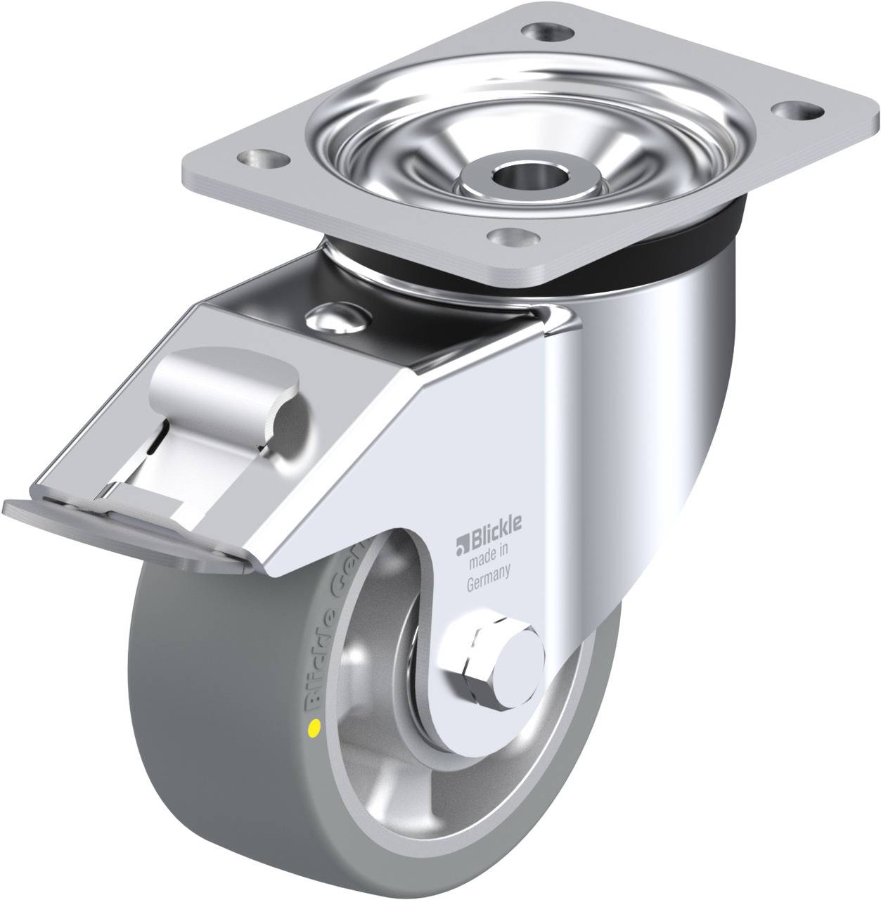 Schwenkrolle aus Metall mit grauem Rad, Befestigungsplatte oben. Geeignet für industrielle Anwendungen, unterstützt Mobilität und Tragfähigkeit.