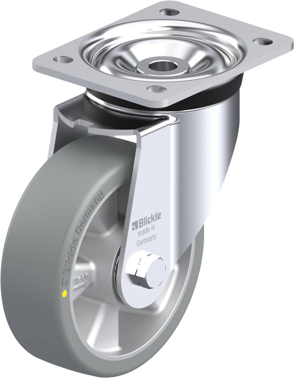 Metallisches Lenkrollenrad mit grauem Gummireifen, geeignet für schwere Lasten, zeigt ein glänzendes Gehäuse und einen stabilen Aufbau.