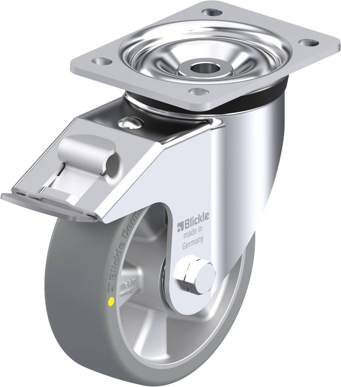Schwenkrolle aus Metall mit grauem Rad und Befestigungsplatte. Geeignet für schwere Lasten, hergestellt in Deutschland.