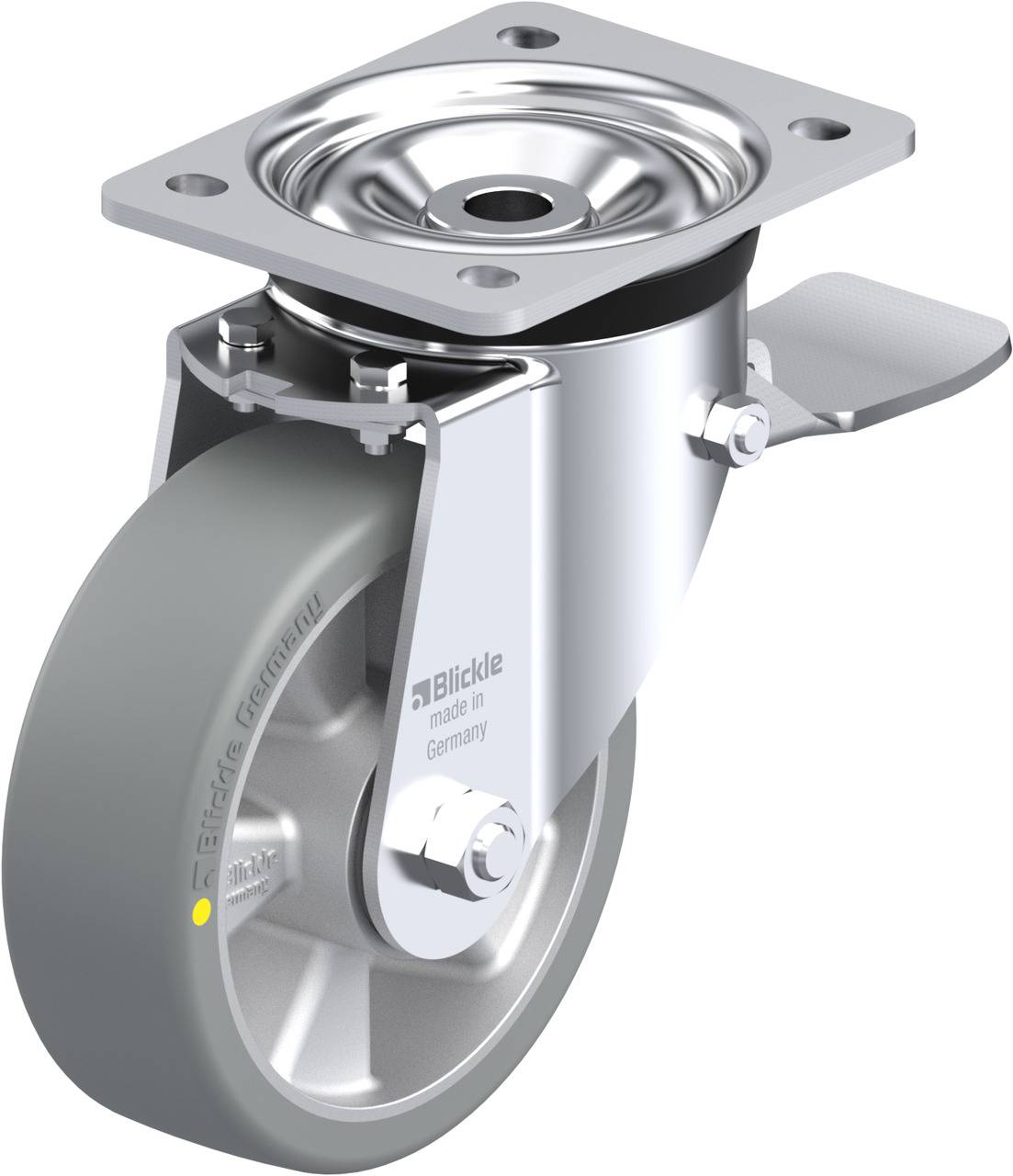 Drehbare Metallrolle mit Halterung, Gummireifen und feststellbarem Hebel, geeignet für industrielle Anwendungen.