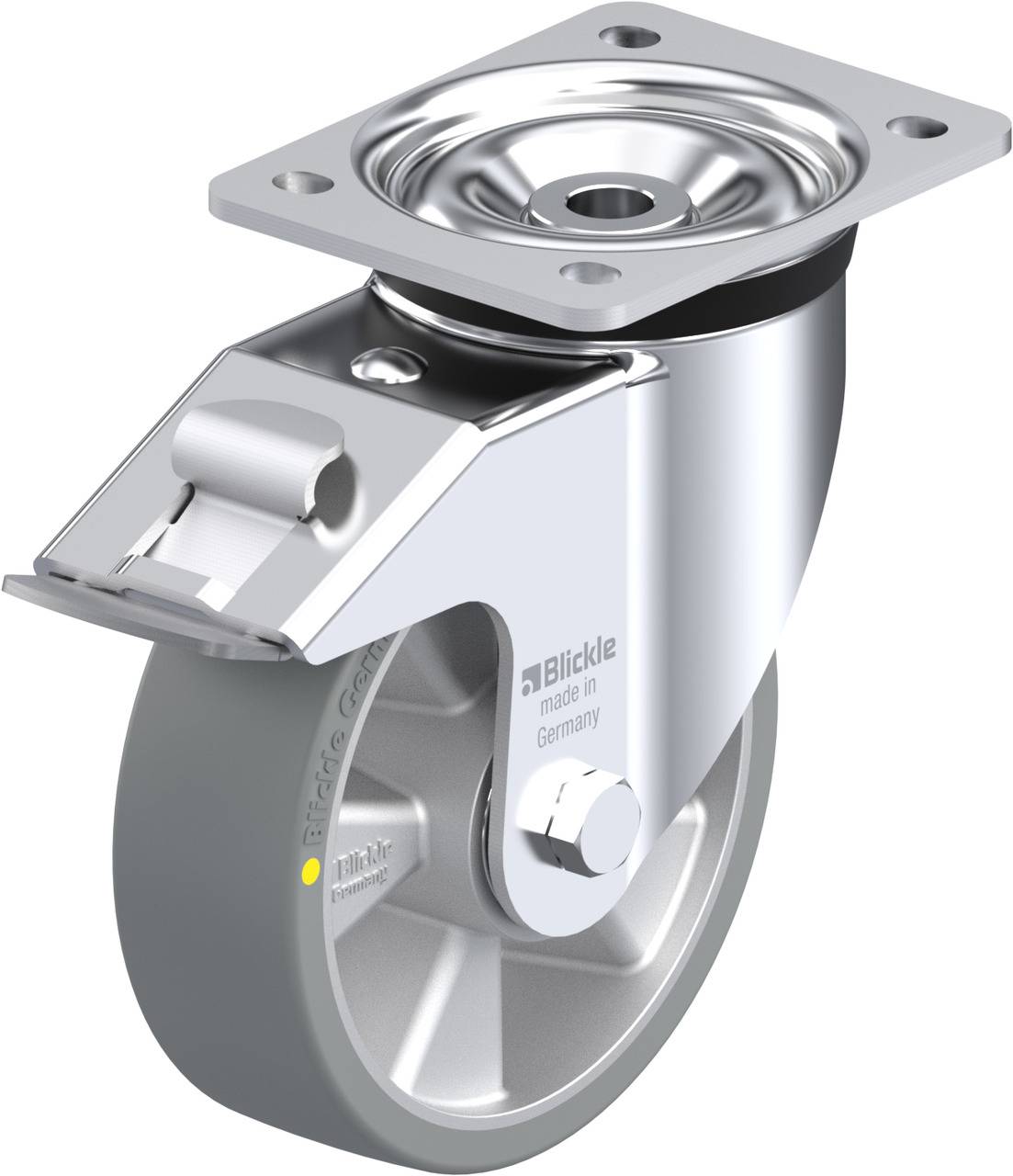 Lenkrolle aus Metall mit grauem Rad und Befestigungsplatte. Marke 'Blickle', hergestellt in Deutschland.