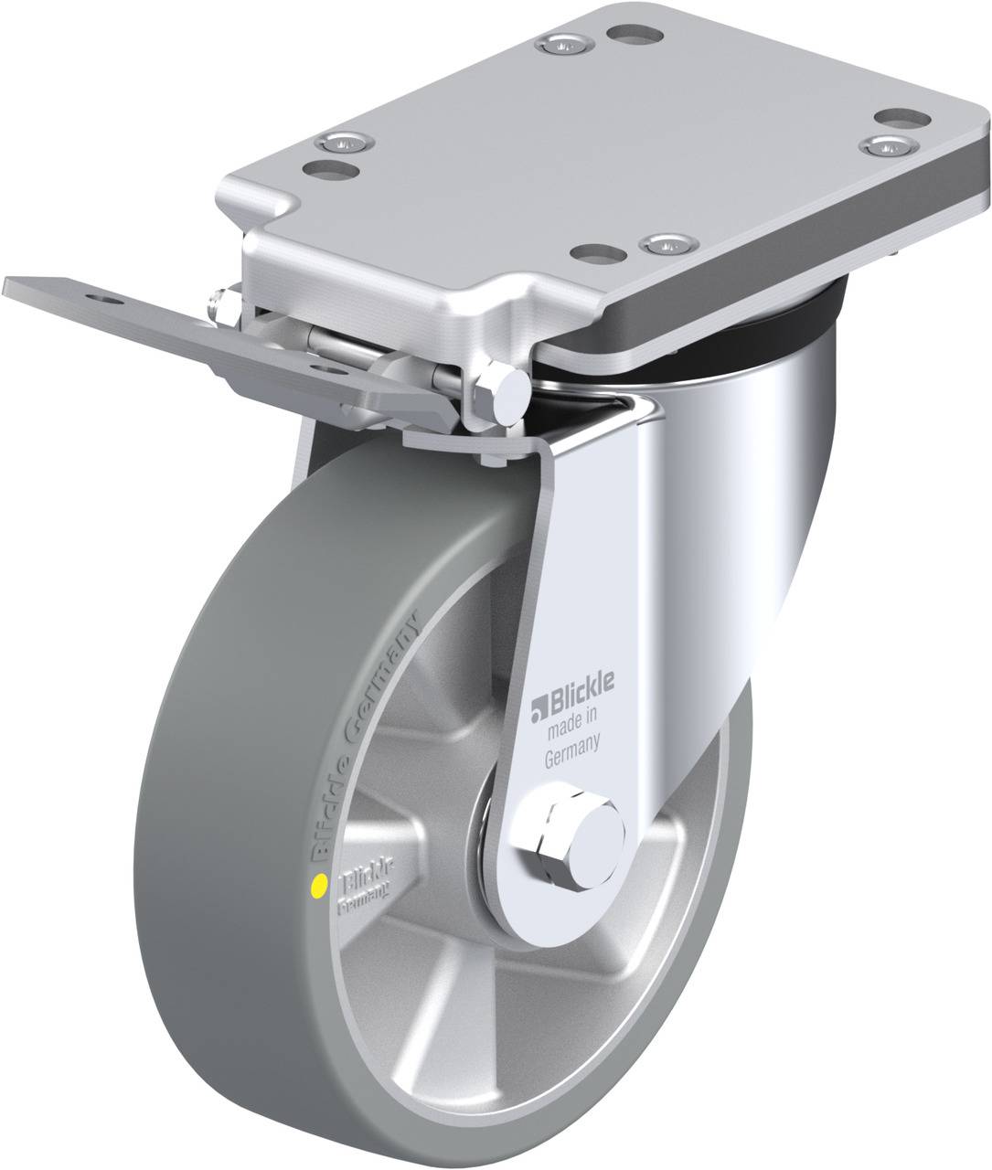 Schwenkrolle mit grauem Rad und silbernem Gehäuse, seitlichem Scharnier und Befestigungsplatte. Geeignet für schwere Lasten.