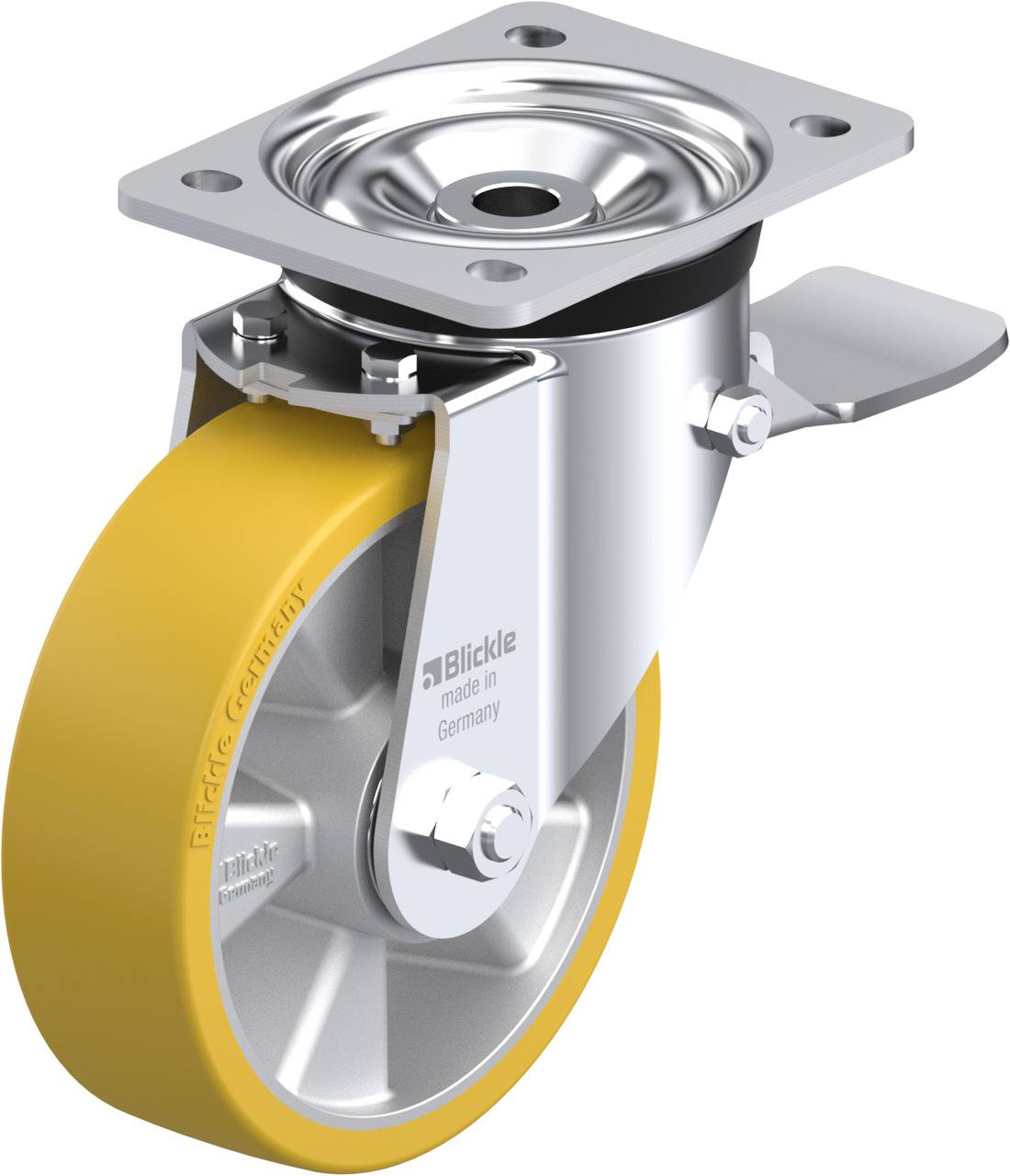 Metallisches Lenkrolle mit gelbem Rad und Feststellhebel. Aufdruck 'Blickle made in Germany'. Geeignet für Schwerlastanwendungen.
