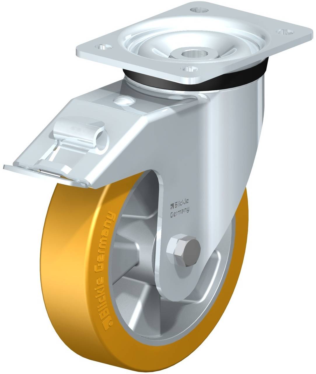 Metallisches Lenkrollenrad mit gelbem Gummiband, montierte Metallplatte oben. Hochwertige Industriekomponente für bewegliche Geräte.