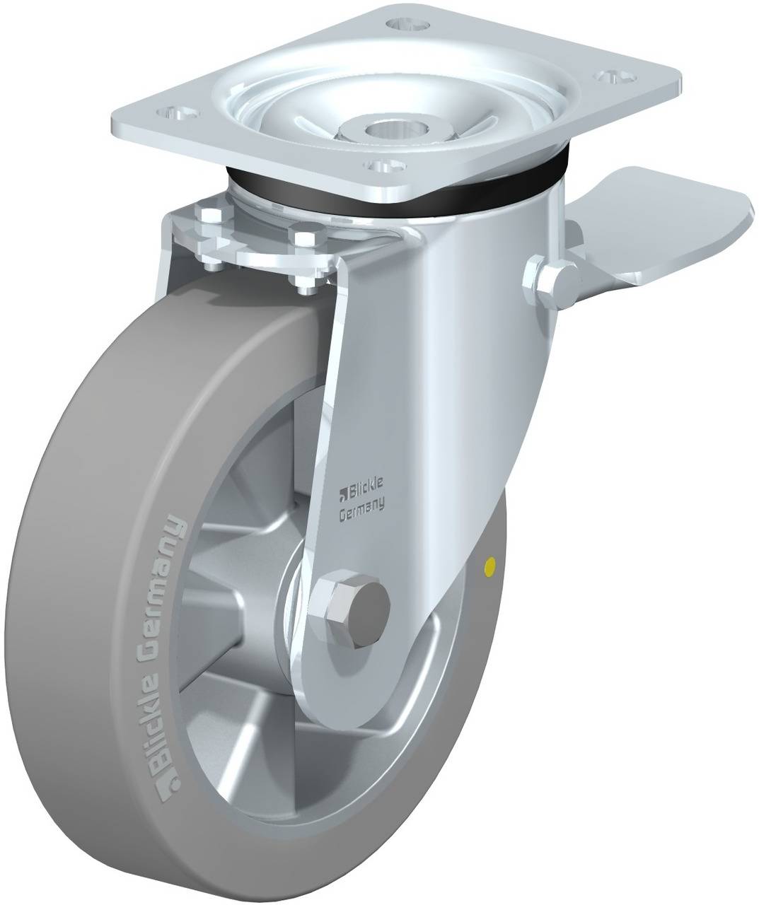 Schwenkrolle mit Bremse und grauem Rad, montiert auf Metallplatte. Geeignet für Apparatebau und leichte Transportausrüstung.