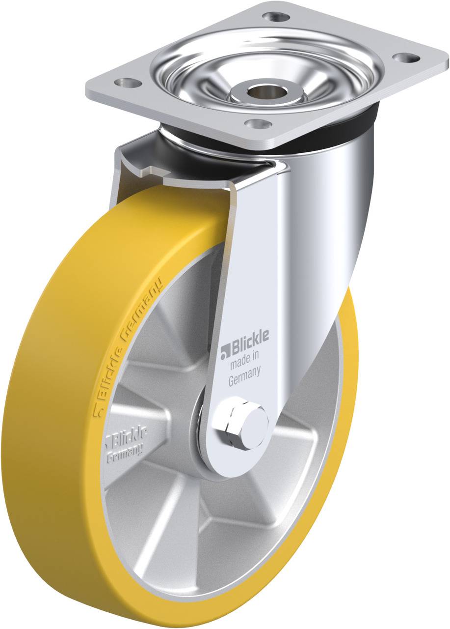 Gelbes Lenkrolle mit Metallgehäuse, hergestellt in Deutschland von Firma Blickle, zeigt robuste Bauweise für industrielle Anwendungen.