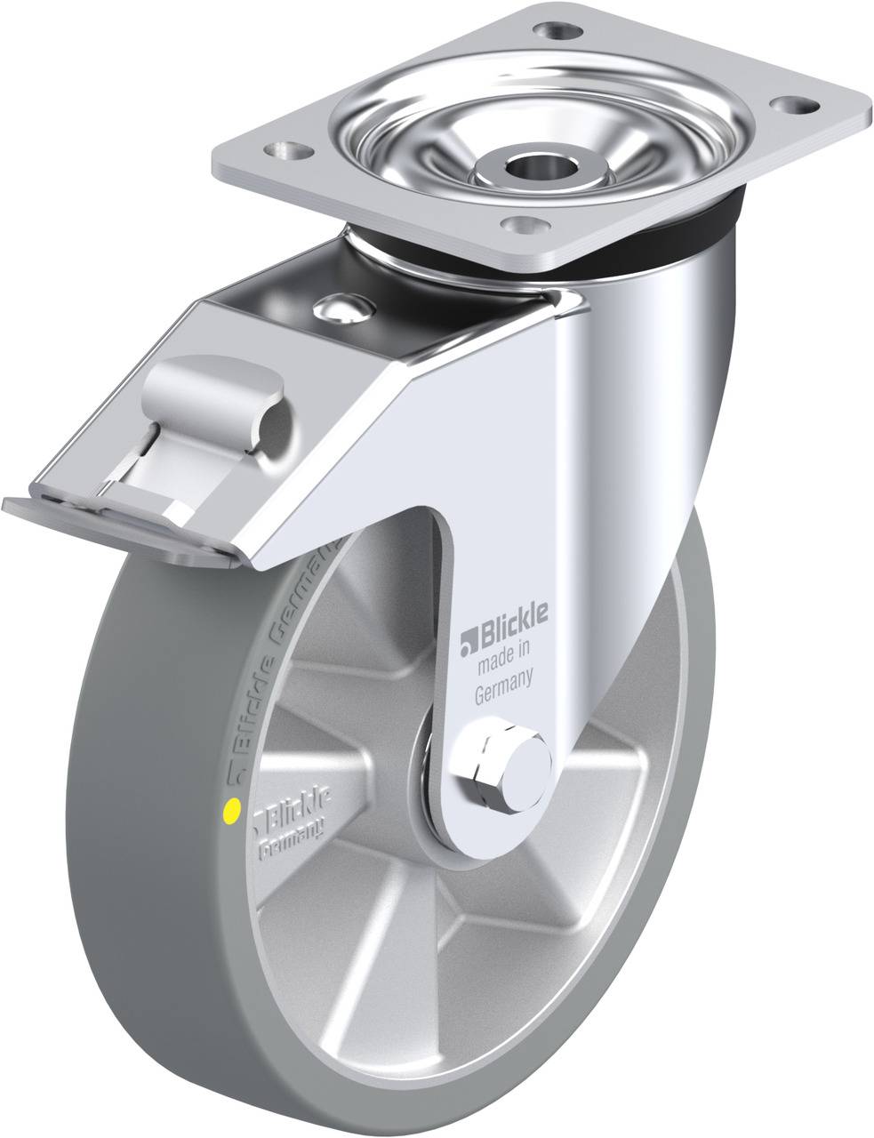 Industrie-Rollenrad aus Metall mit Gummiummantelung und Befestigungsplatte für Maschinen oder schwere Geräte.