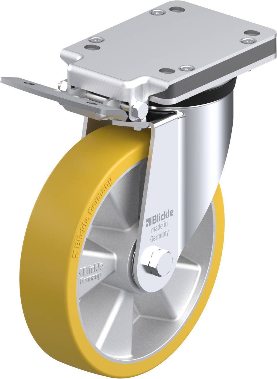 Schwenkrolle mit gelbem Polyurethanrad und silberner Halterung, geeignet für industrielle Anwendungen, hergestellt in Deutschland.