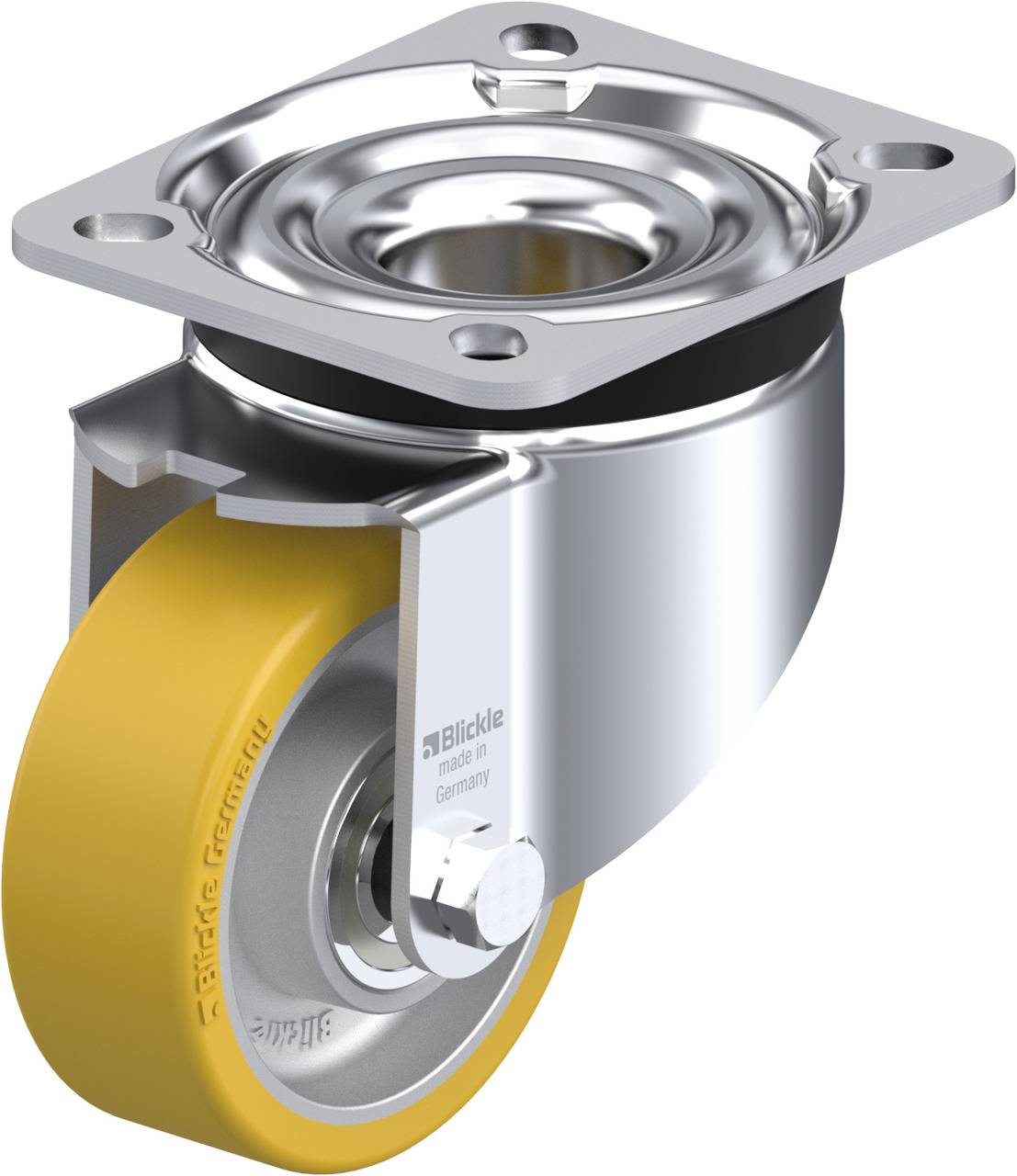 Bild eines Lenkrollenrads mit gelbem Reifen und silbernem Metallgehäuse, geeignet für Möbel oder Transportwagen.