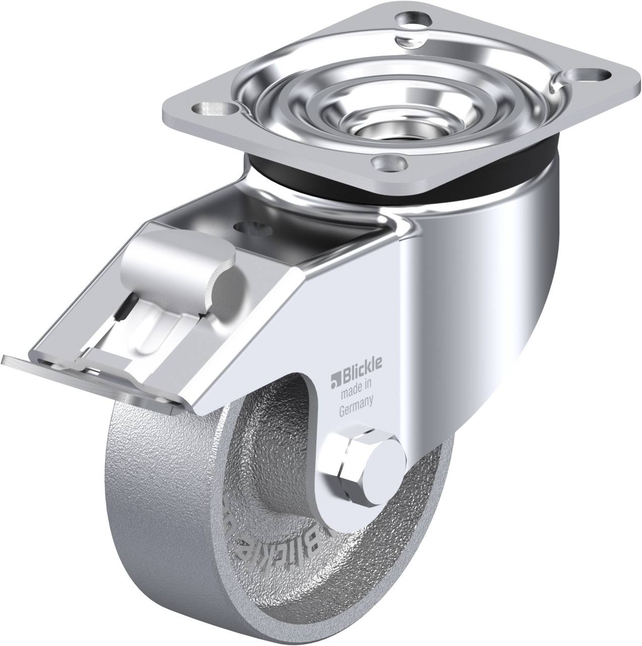 Ein silbernes Lenkrollelement mit Bremse, das abgedruckte 'Blickle made in Germany' zeigt; glänzende Metalloberfläche.