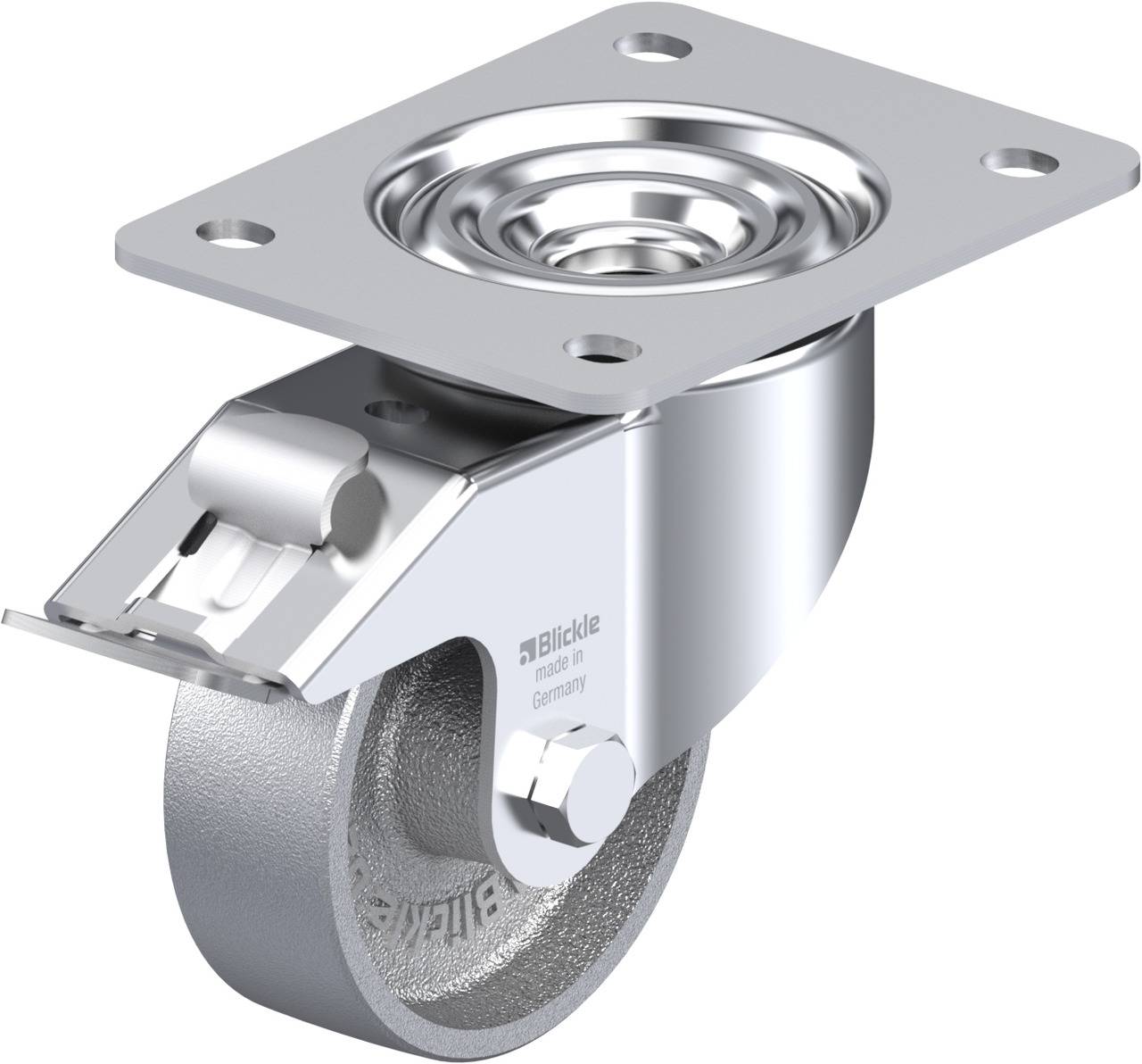 Schwenkrolle aus Metall mit Befestigungsplatte und Bremse, geeignet für schwere Lasten.