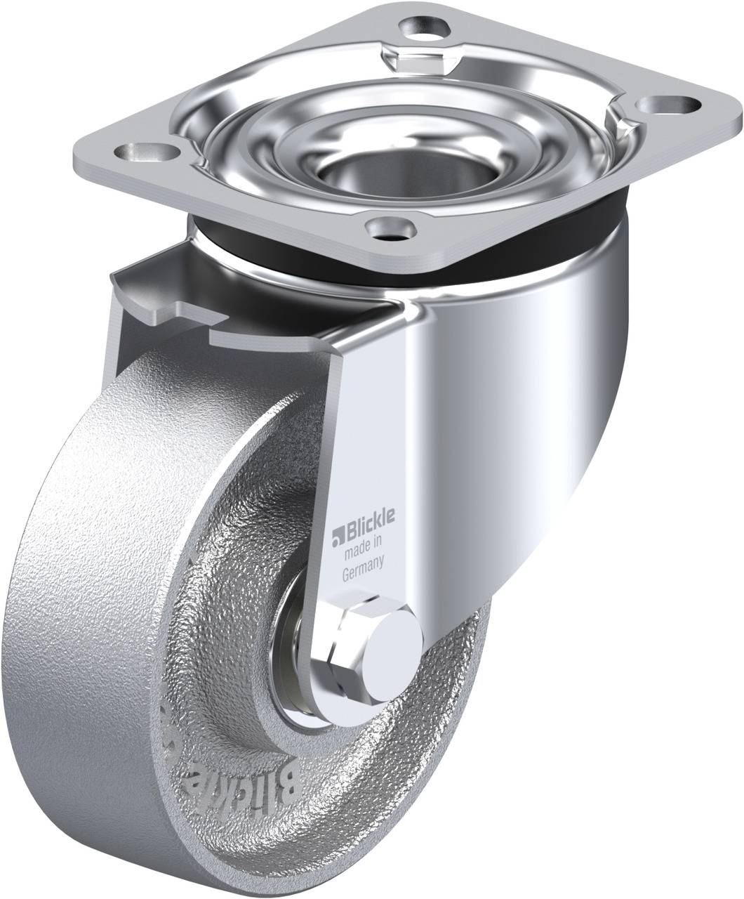 Metallisches Lenkrollenrad, montiert auf einer rechteckigen Platte, geeignet für schwere Lasten.