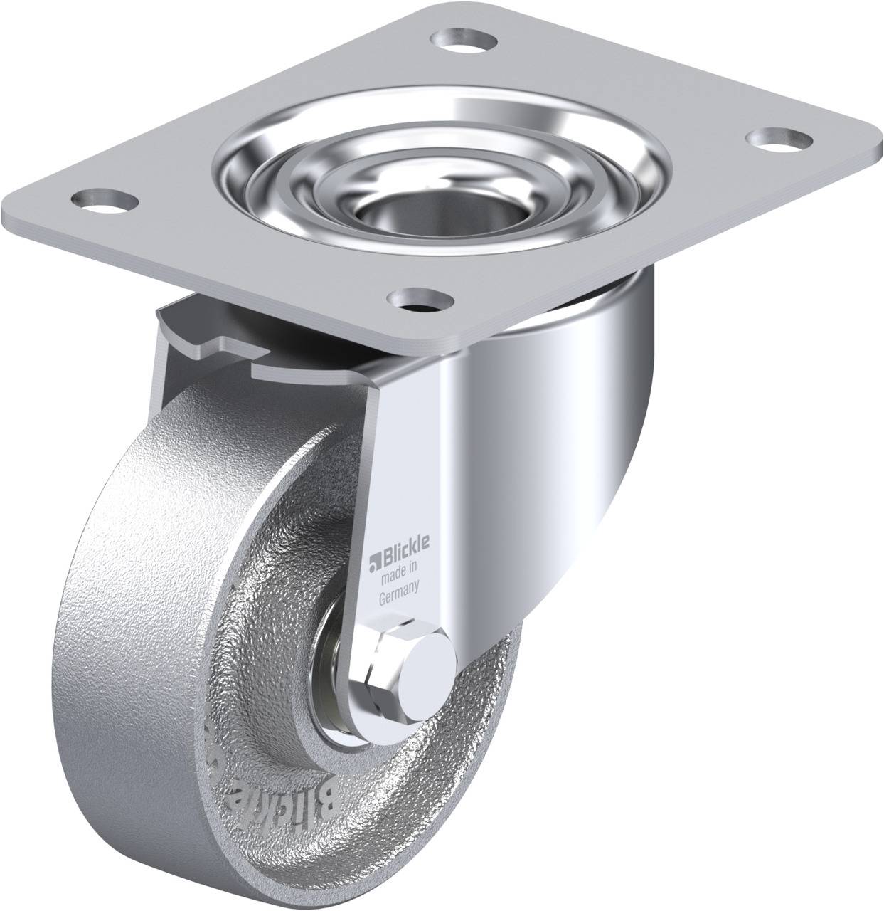 Ein silbernes Lenkrollenrad mit rechteckiger Montageplatte aus Metall zur Befestigung. Geeignet für den Einsatz an Möbeln oder Geräten.