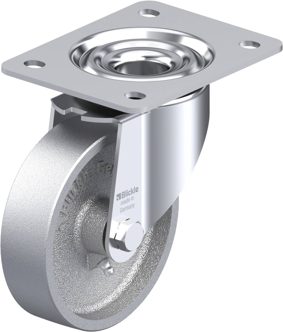 Ein feststellbares Lenkrolle mit grauem Gehäuse aus Metall. Mit flacher Montageplatte oben. Geeignet für industrielle Anwendungen.