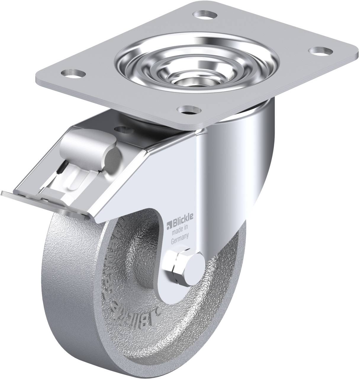 Einzelnes Metall-Schwenkrollenrad mit glänzendem Gehäuse und rechteckiger Befestigungsplatte, geeignet für Lagerwagen oder Möbel.