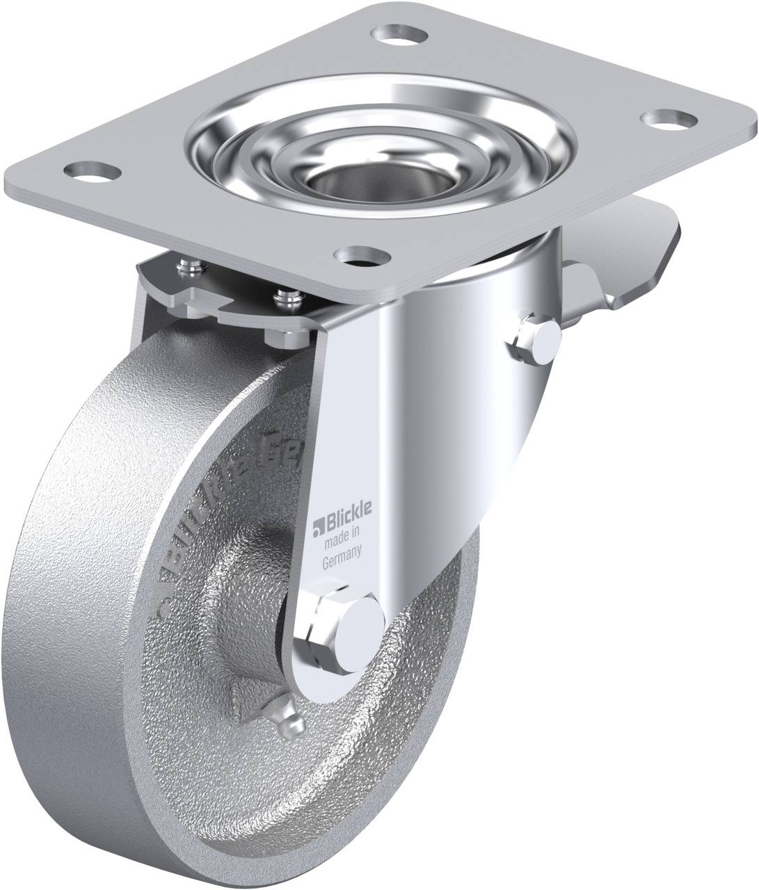 Schwenkrolle aus Metall mit Graugussrad und Befestigungsplatte, ideal für den industriellen Einsatz auf glatten Oberflächen.