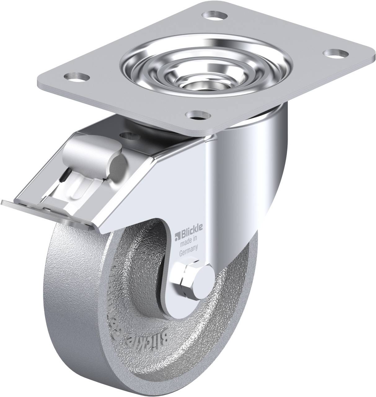 Industrielles Schwerlast-Schwenkrollensystem aus Metall mit Befestigungsplatte. Geeignet für intensive Anwendungen und robuste Oberflächen.