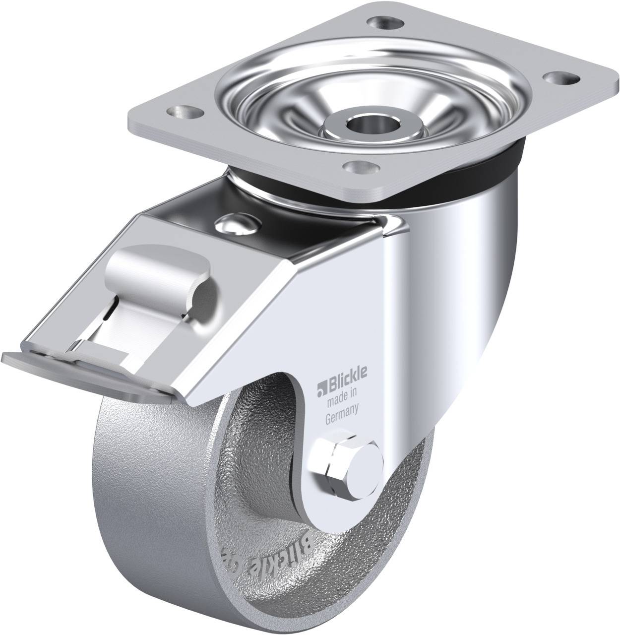 Metallrolle mit Befestigungsplatte, glänzend, mit Gummibelag. Designed für industrielle Anwendungen, Markenaufdruck sichtbar.