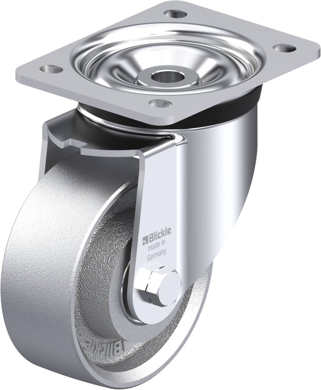 Metallisches Bockrolle-Rad mit rechteckiger Montageplatte, glänzende Oberfläche, für industrielle Anwendungen.