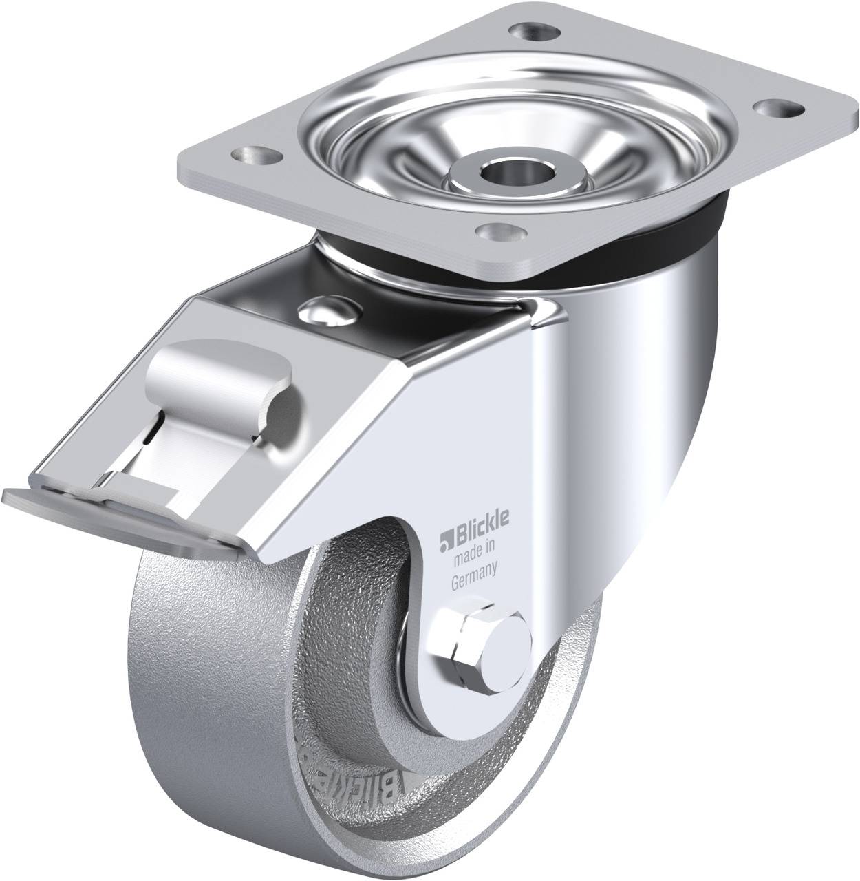 Metallrolle mit drehbarem Gehäuse, oben eine rechteckige Montageplatte. Geeignet für Möbel oder Gerätebewegung.