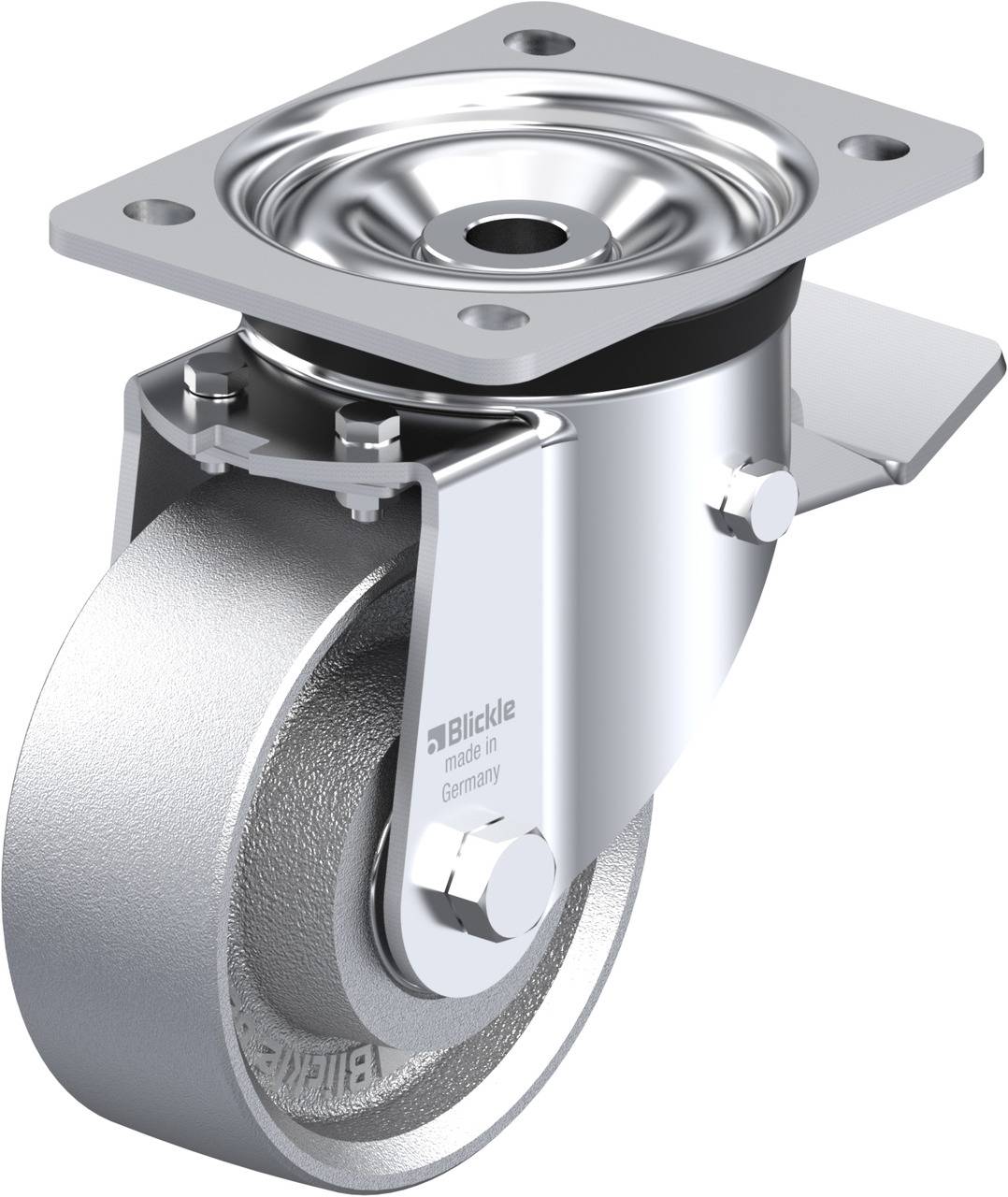 Schwenkrolle aus Edelstahl mit Halterung, geeignet für schwere Lasten. Ideal für Transportgeräte und industrielle Anwendungen.