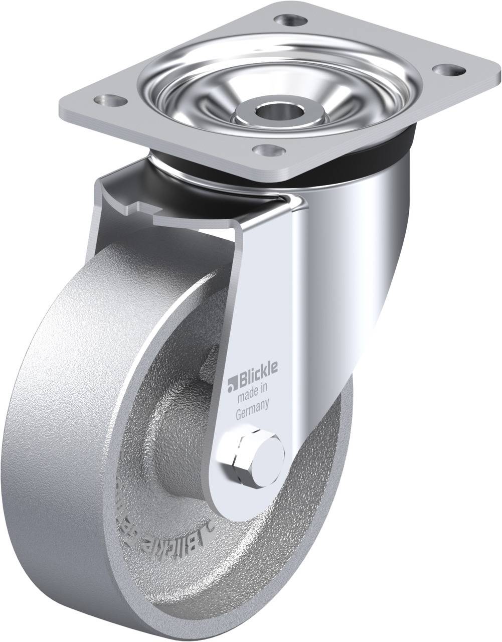 Hochbelastbares Schwerlast-Lenkrolle aus Metall mit drehbarer Montageplatte. Oberflächen glänzend, geeignet für industrielle Anwendungen.