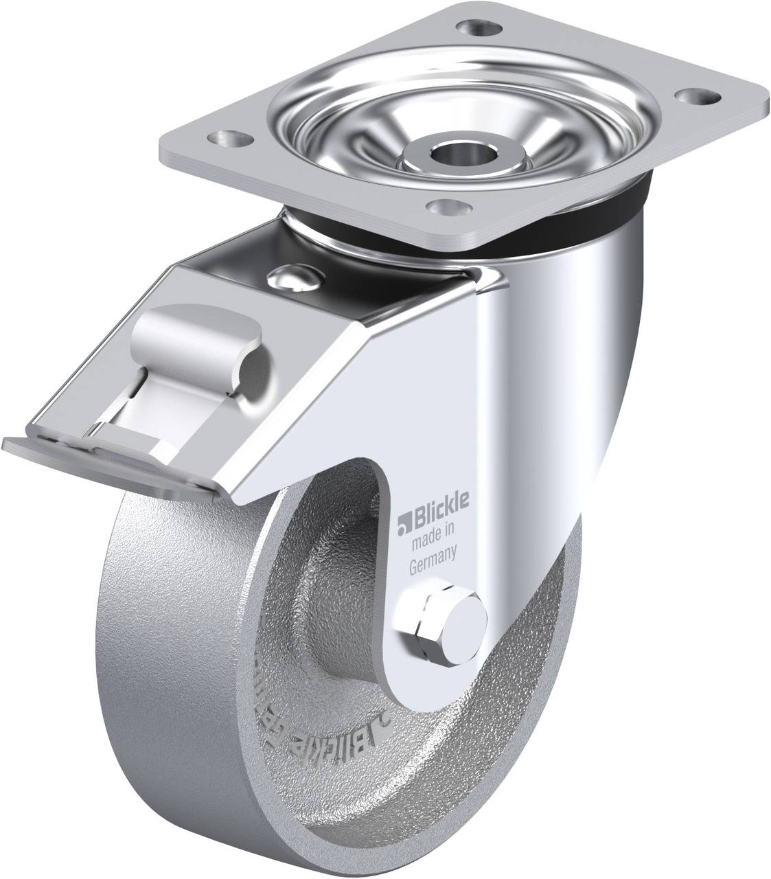 Schwenkrolle mit silbernem Metallgehäuse und Bremse oben. Aufschrift 'Blickle made in Germany' auf der Seite des Gehäuses.