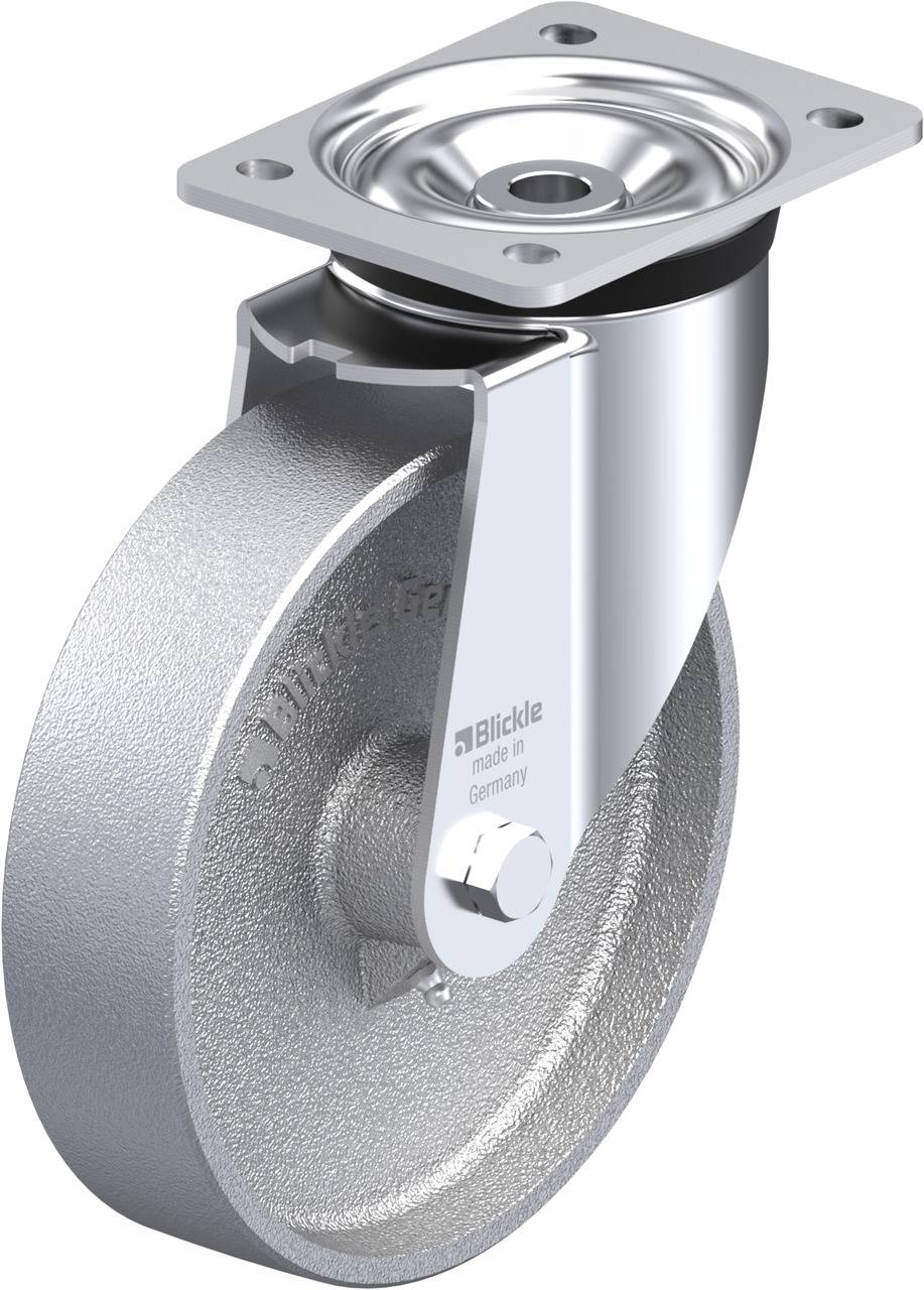 Lenkrolle aus Metall mit quadratischer Montageplatte und Beschriftung 'Blickle'. Ideal für industrielle Anwendungen.