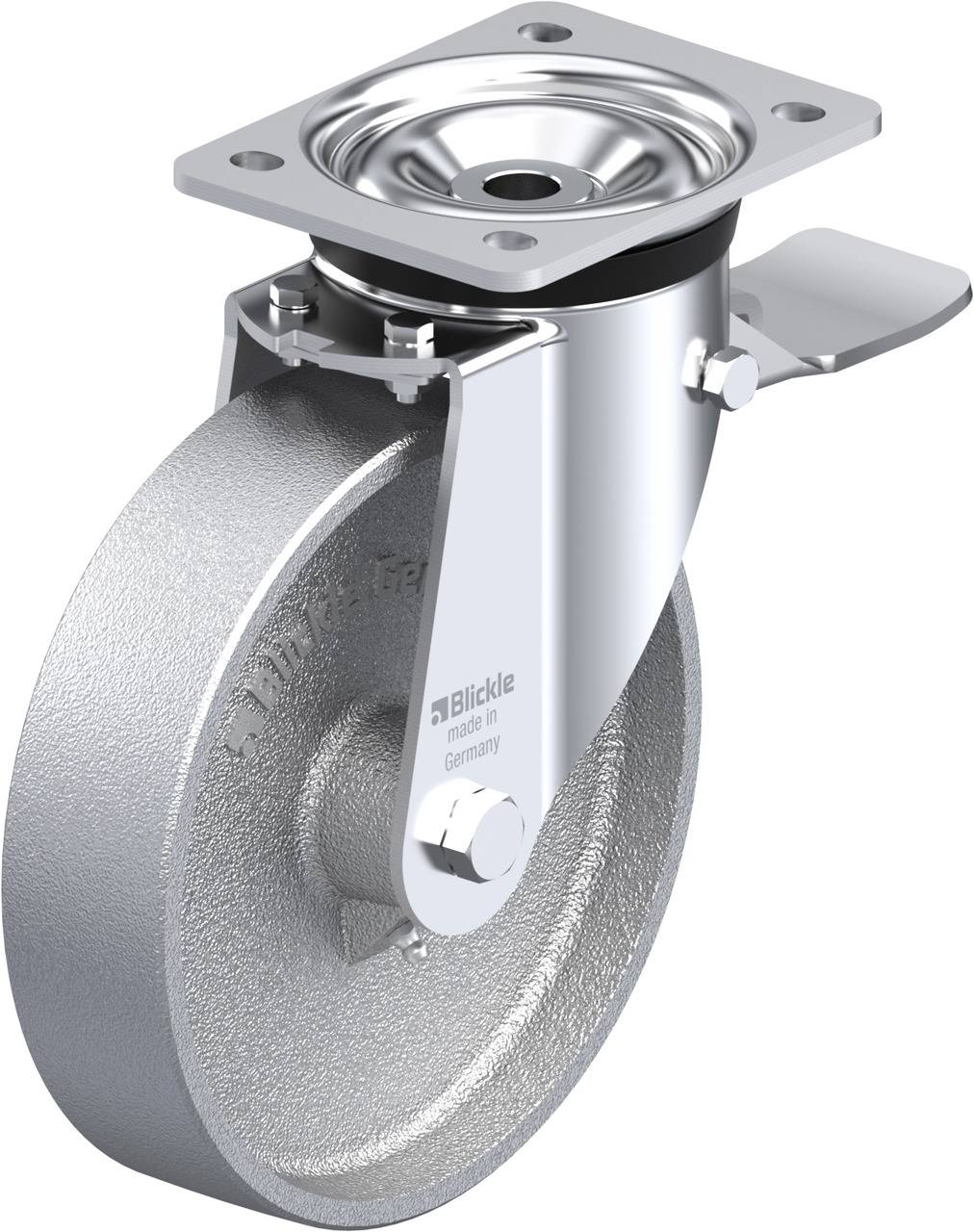 Rollenrad mit metallischer Halterung und Drehgelenk, geeignet für schwere Lasten. Oberfläche glänzend, mit Logo eines deutschen Herstellers.