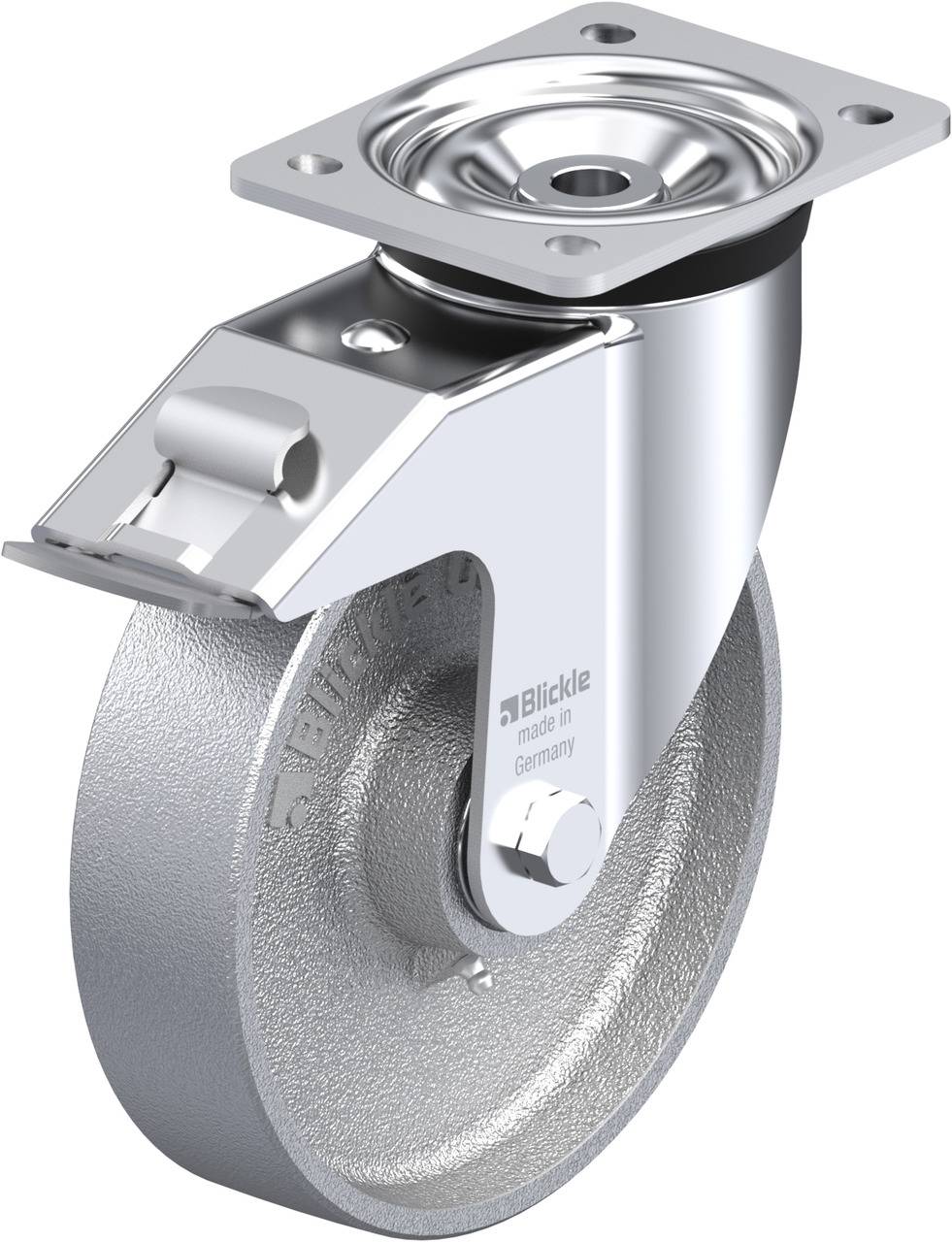 Schwenkrolle aus Metall mit Befestigungsplatte und Bremse, geeignet für schwere Lasten. Markierung 'Blickle made in Germany'.