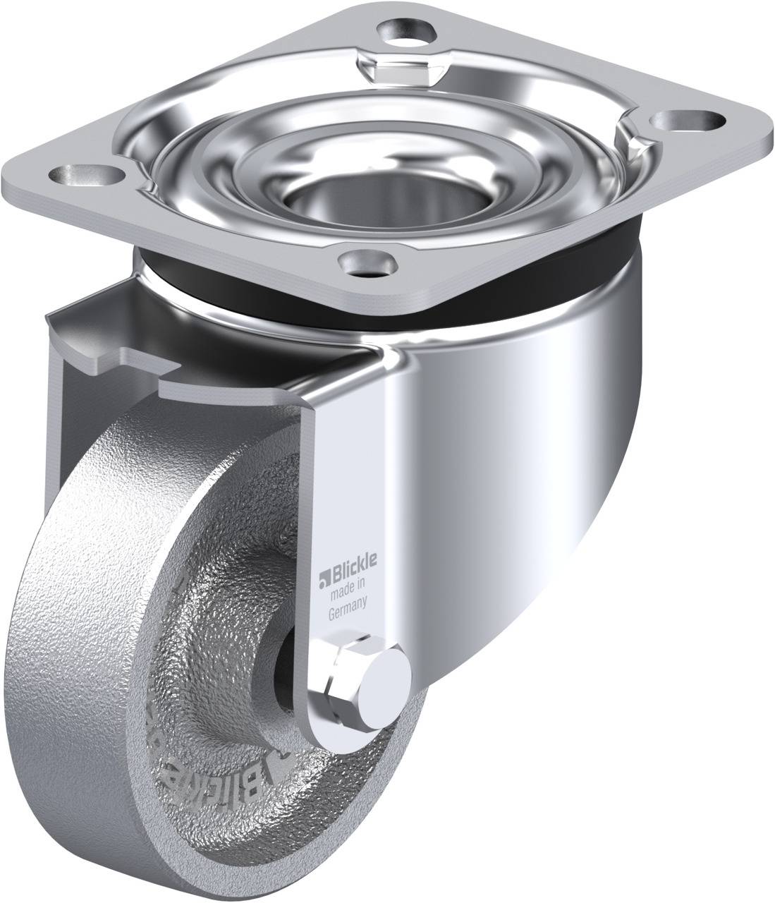 Schwenkrolle mit grauem Rad und Metallgehäuse, geeignet für schwere Lasten.