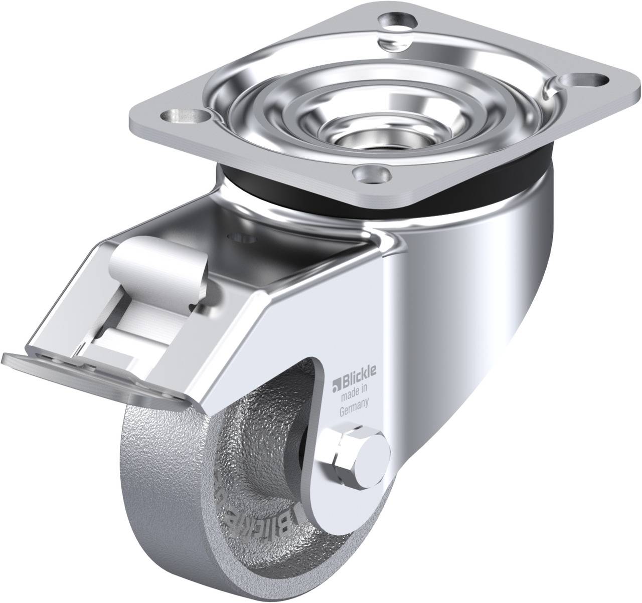 Schwenkrolle aus Metall mit Befestigungsplatte, staubdichtem Ladegehäuse und Graugussrad. Geeignet für industrielle Anwendungen.