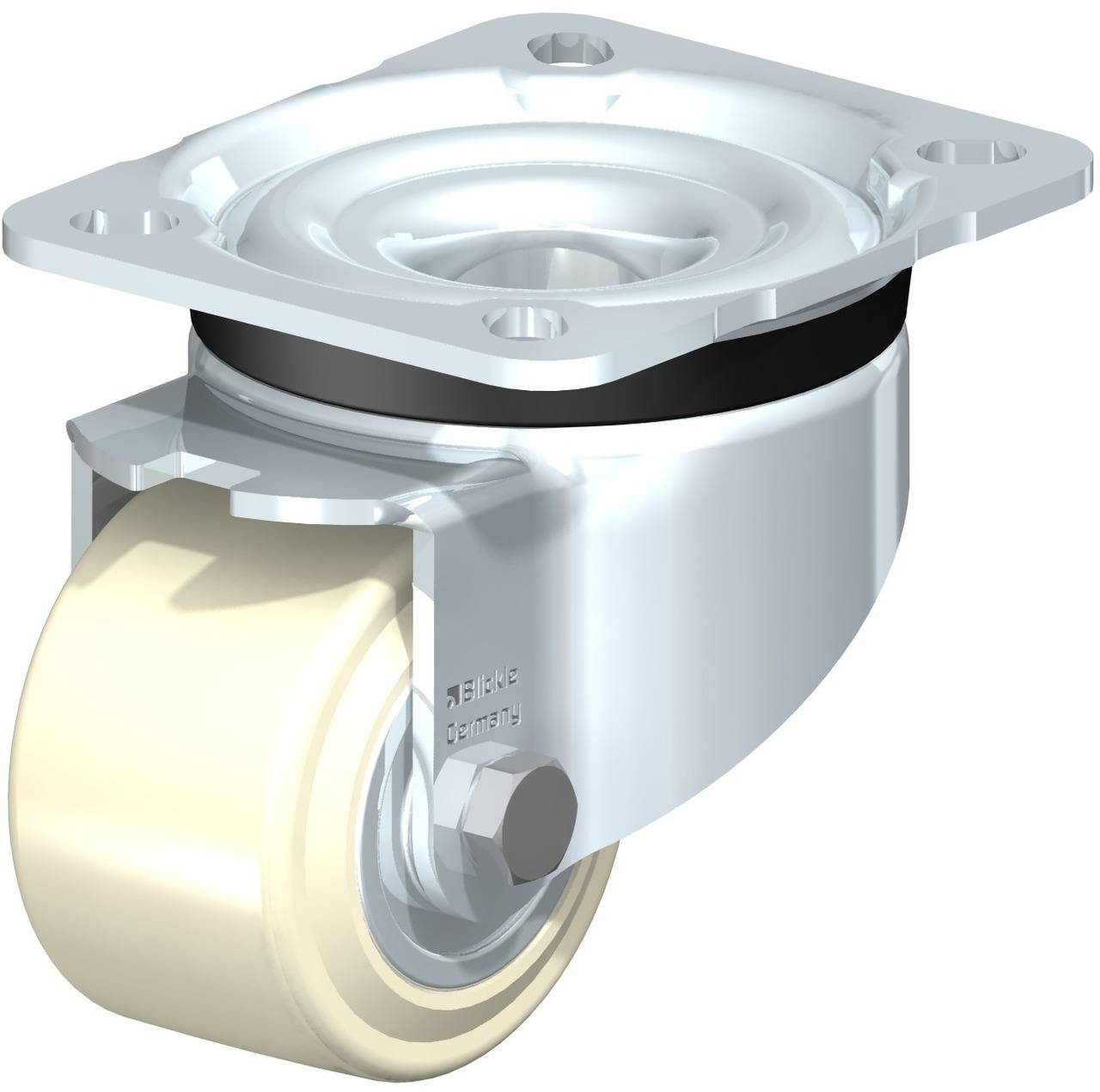 Metallisches Drehgelenk mit weißem Rad, montierbar an Möbel oder Geräten für leichte Manövrierbarkeit.