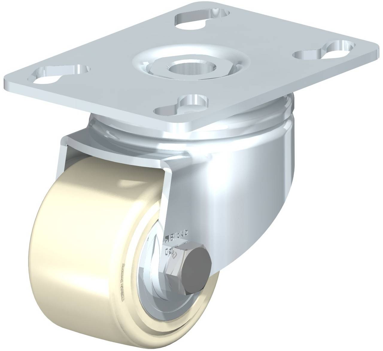 Industrie-Schwenkrolle aus Metall mit Befestigungsplatte und beige Gummirad. Geeignet für Möbel oder Transportgeräte.
