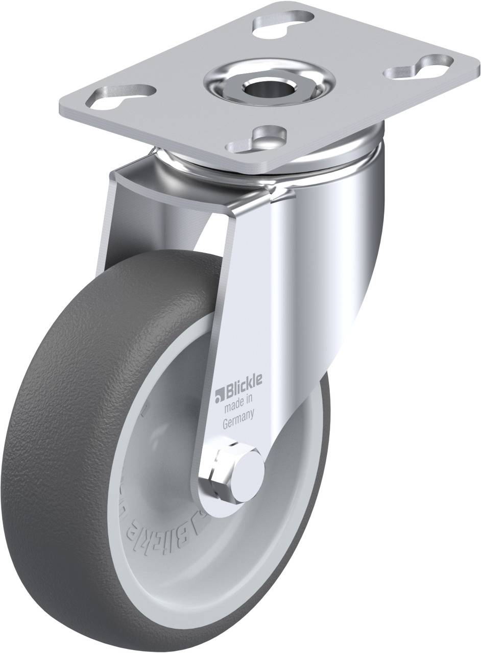 Metallisches Lenkrolle mit grauem Reifen und Montageplatte, hergestellt von 'Blickle, made in Germany'.