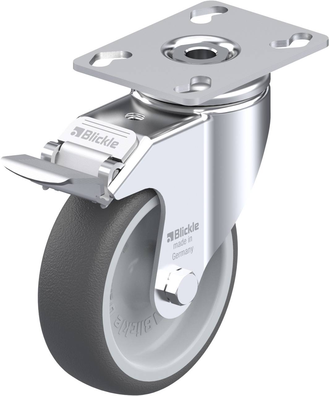Schwenkrolle mit grauem Rad und Metallgehäuse, geeignet für Möbel oder Industriegeräte. Marke 'Blickle' erkennbar.