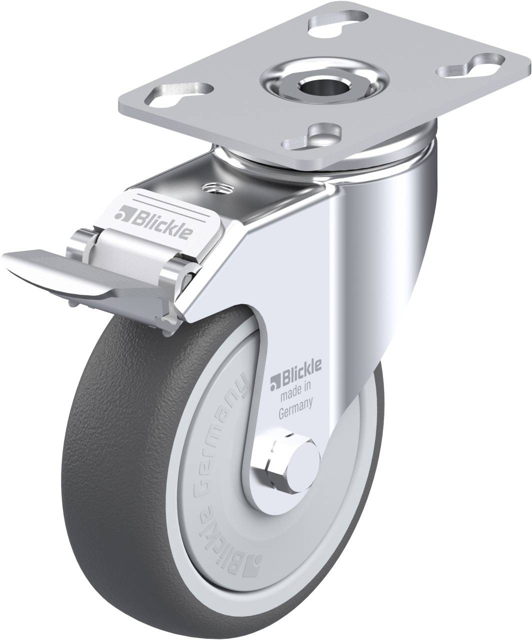 Metallenes Möbel- oder Transportgeräterad mit drehbarer Halterung und grauem Gummi. Hergestellt in Deutschland.