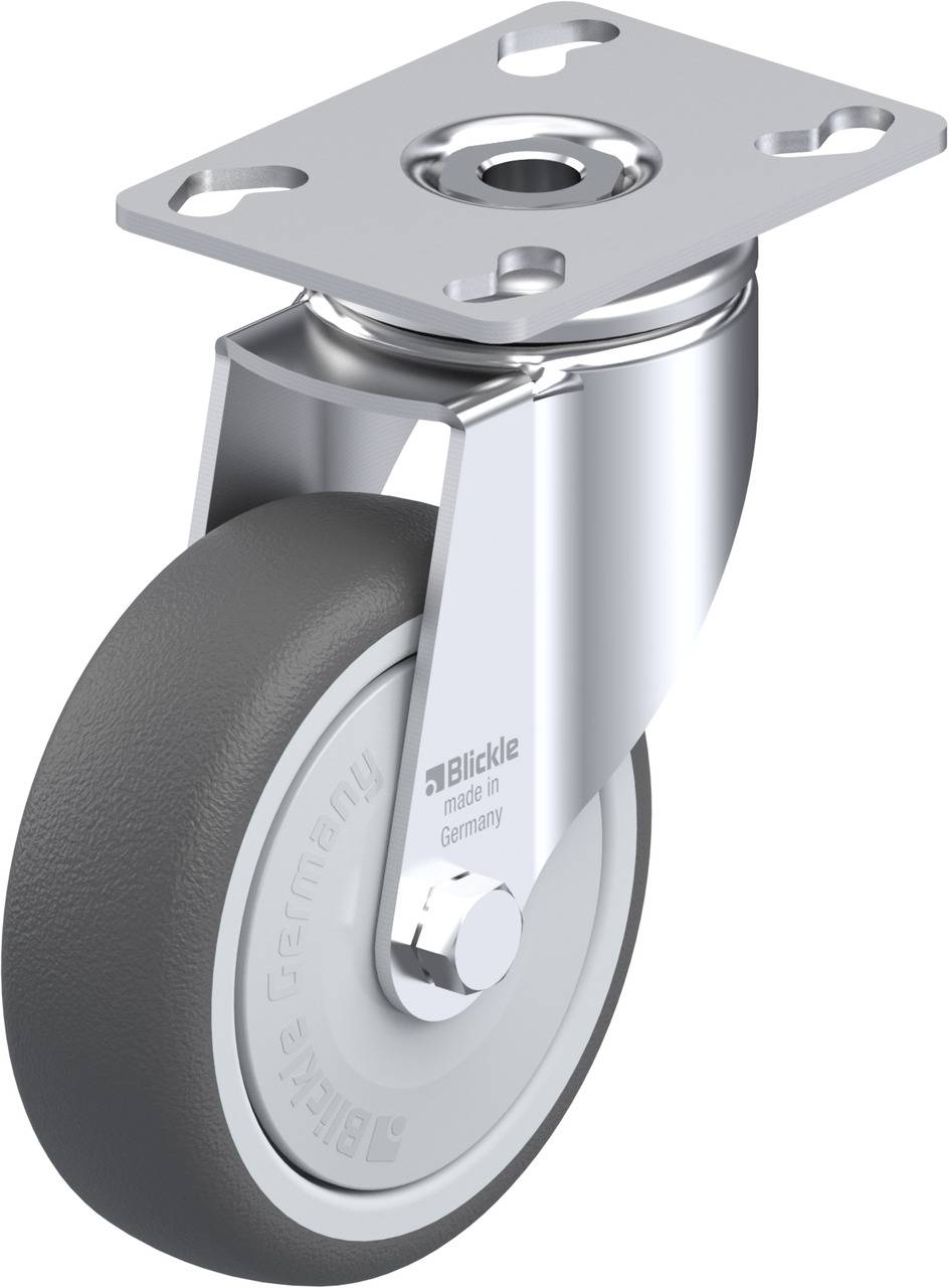 Eine graue Laufrolle mit einer Metallhalterung und Befestigungsplatte, geeignet für Möbel oder Geräte, hergestellt in Deutschland.