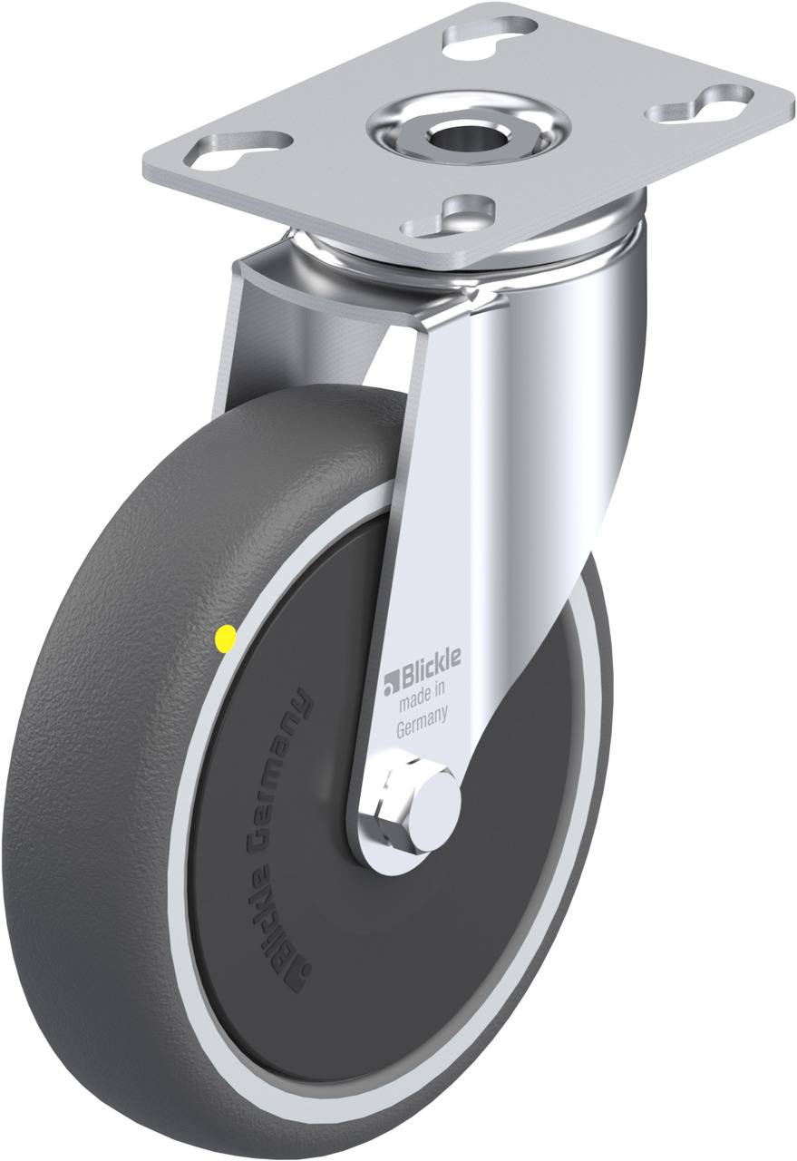 Schwenkrolle aus Metall mit schwarzem Rad, markiert mit 'Blickle, made in Germany'. Geeignet für Möbel oder Transportwagen.