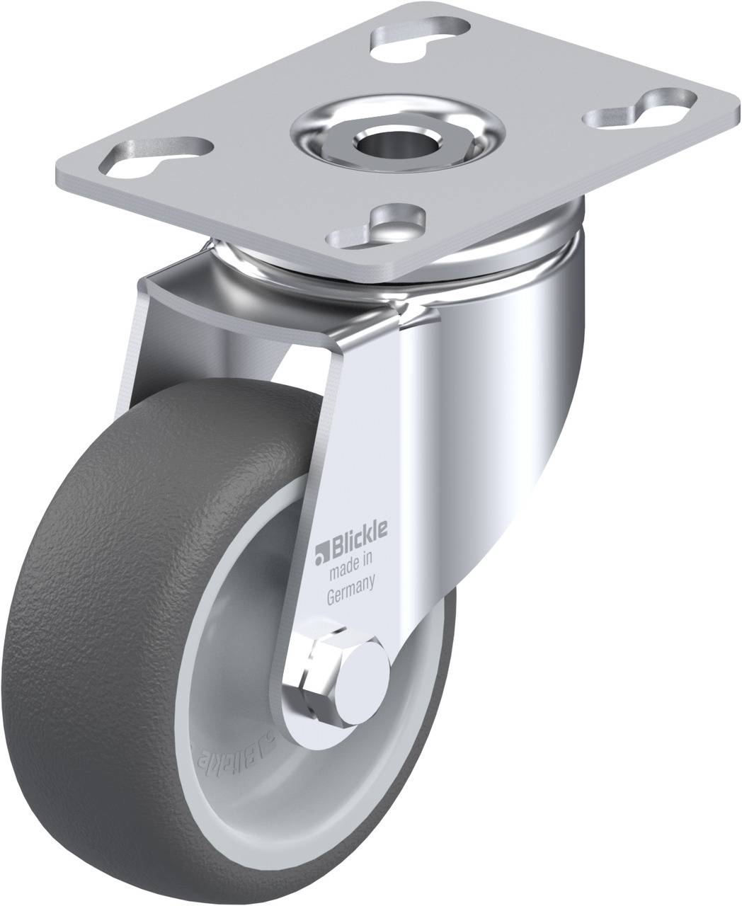 Schwenkrolle mit grauem Rad und silbernem Metallgehäuse, montiert auf rechteckiger Platte. Langlebig, hergestellt in Deutschland.