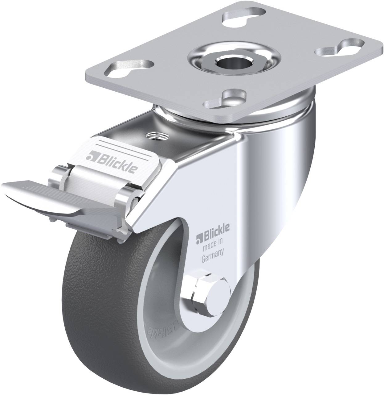 Lenkrolle aus Metall mit grauem Rad und Feststeller. Geeignet für Möbel oder Transportgeräte.