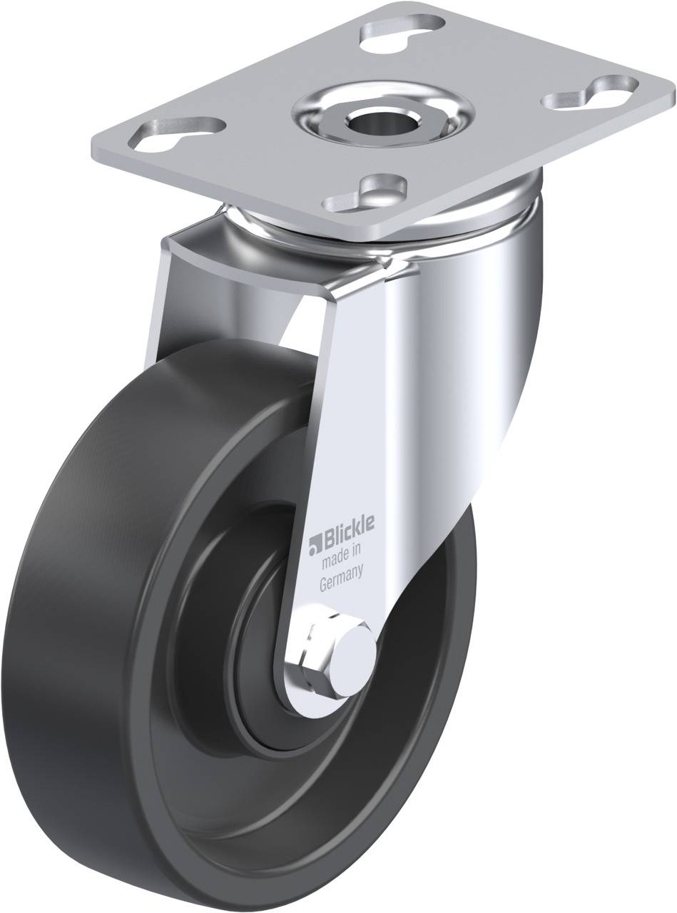 Schwenkrolle aus Metall mit schwarzem Rad, montiert auf einer rechteckigen Platte mit vier Befestigungslöchern.