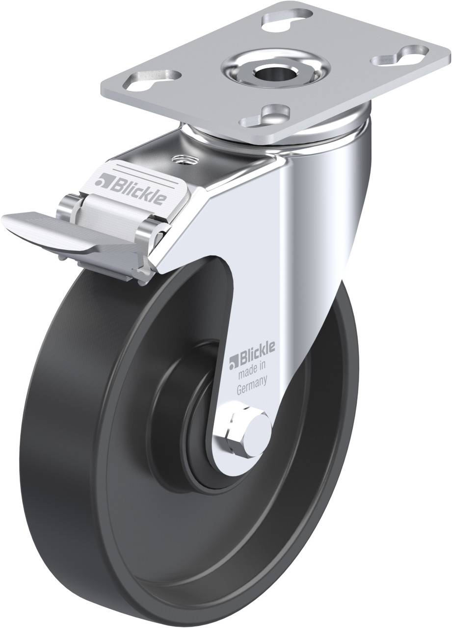 Industrie-Rolle mit Metallplatte zur Befestigung, schwarz-silberne Oberfläche, Hebel zum Arretieren erkennbar, robustes Design.