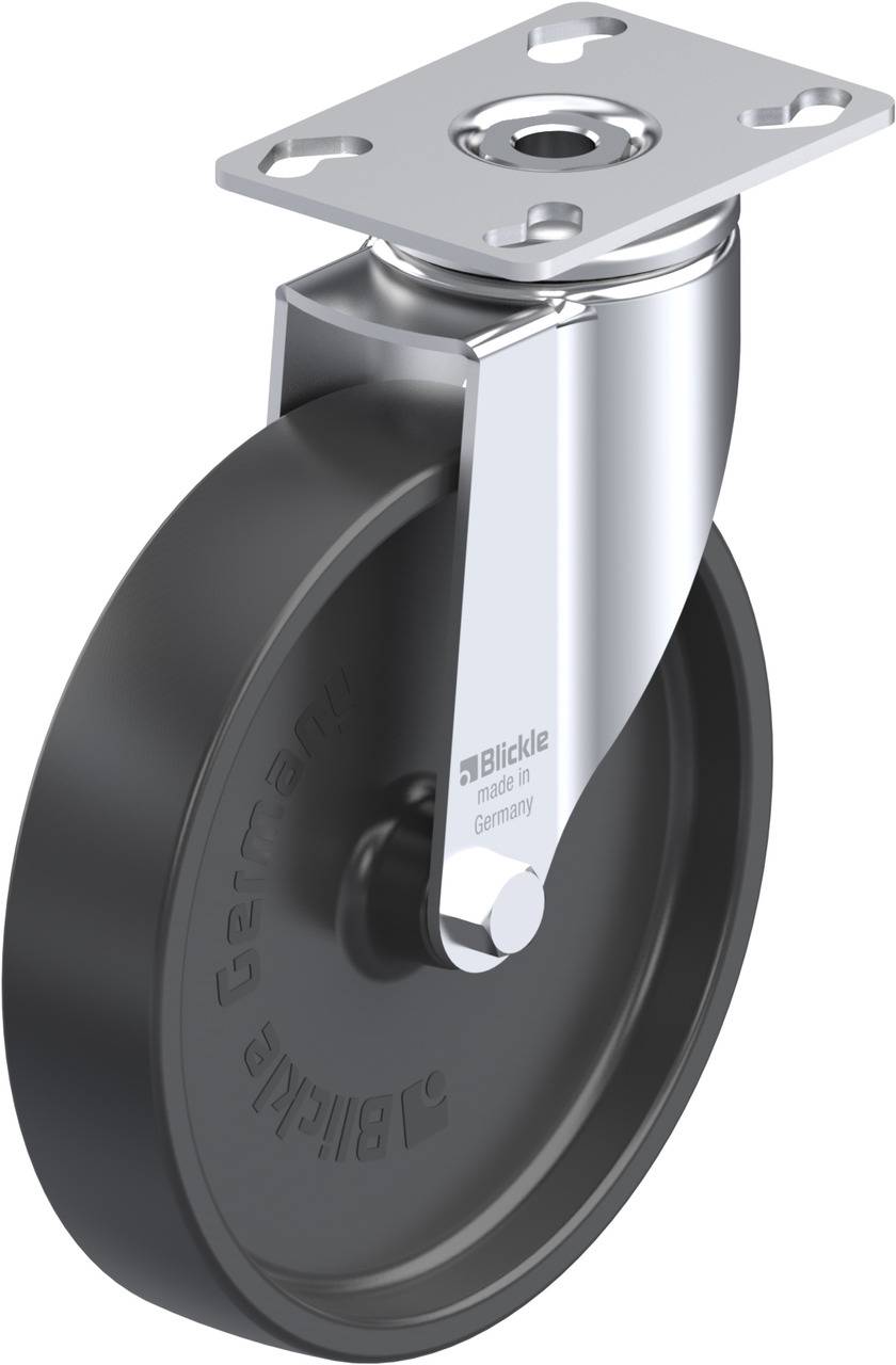 Rolle mit Metallhalterung, für schwere Lasten geeignet. Text: 'Blickle made in Germany'.