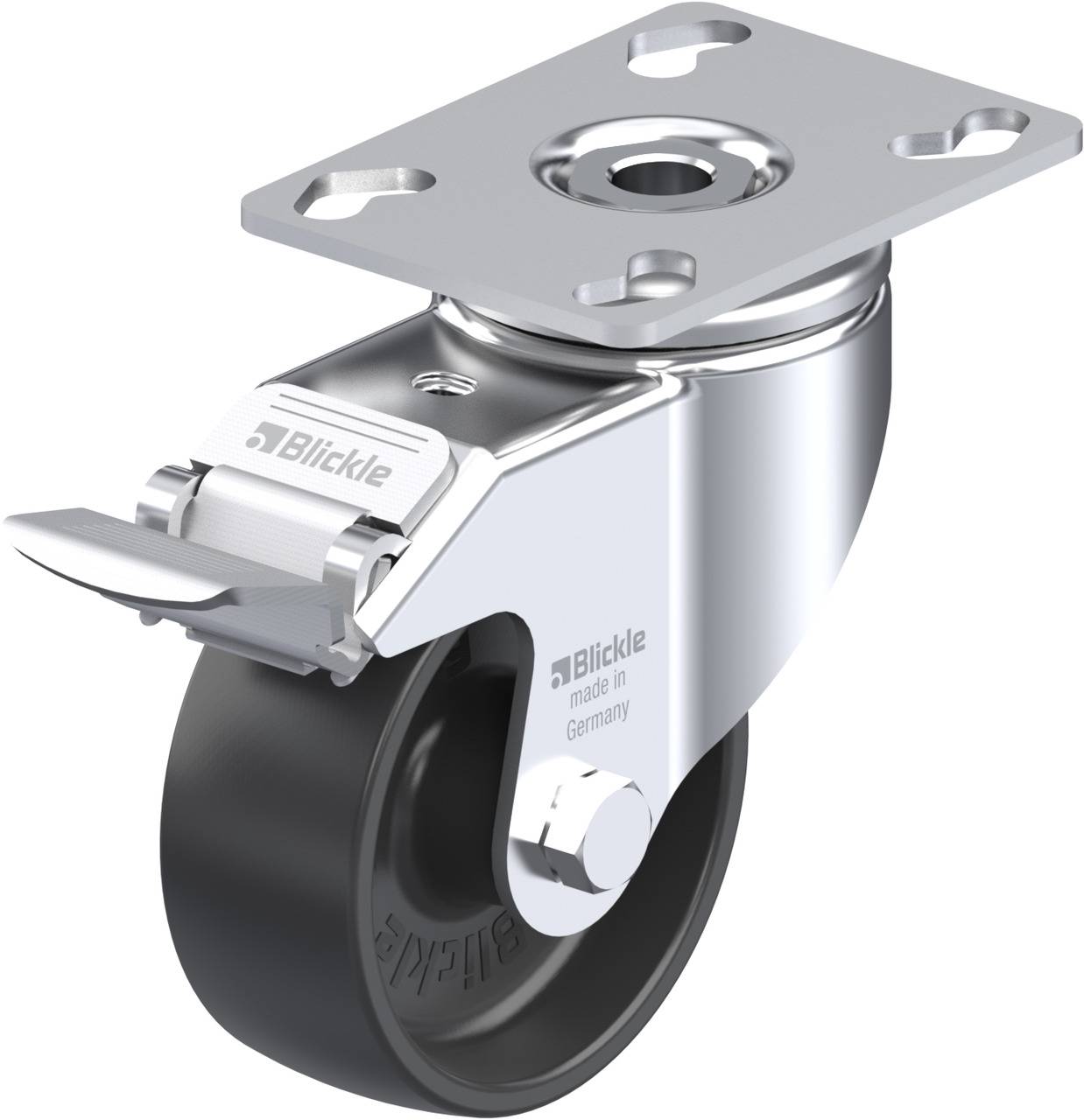 Metallisch glänzendes Lenkrolldesign mit schwarzem Rad und Montageplatte, daneben ein silbernes Pedal und der Aufdruck 'Blickle'.