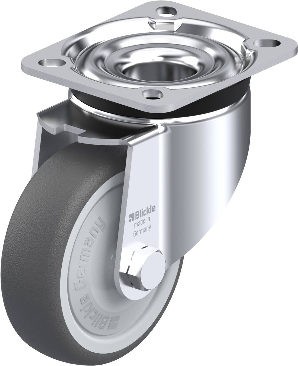 Schwenkrolle aus Metall mit grauem Rad und Befestigungsplatte. Markenprägung auf der Seite.