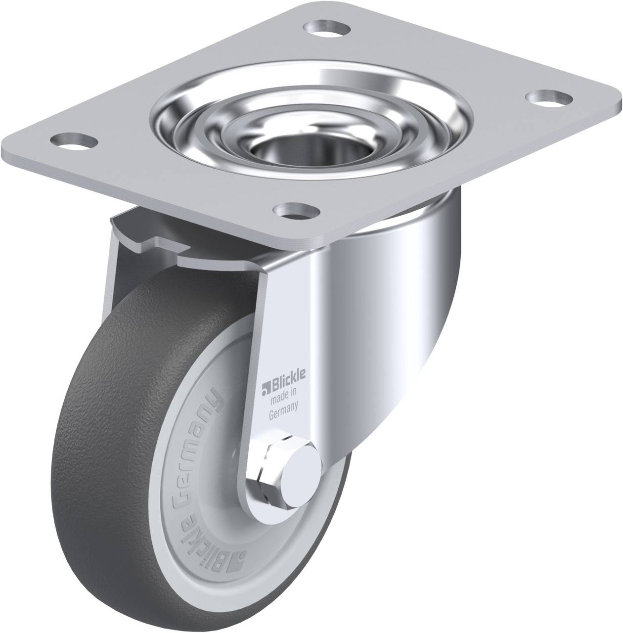 Die Abbildung zeigt ein drehbares Lenkrollenrad aus Metall und Kunststoff, das zur Befestigung an Möbeln oder Geräten dient.