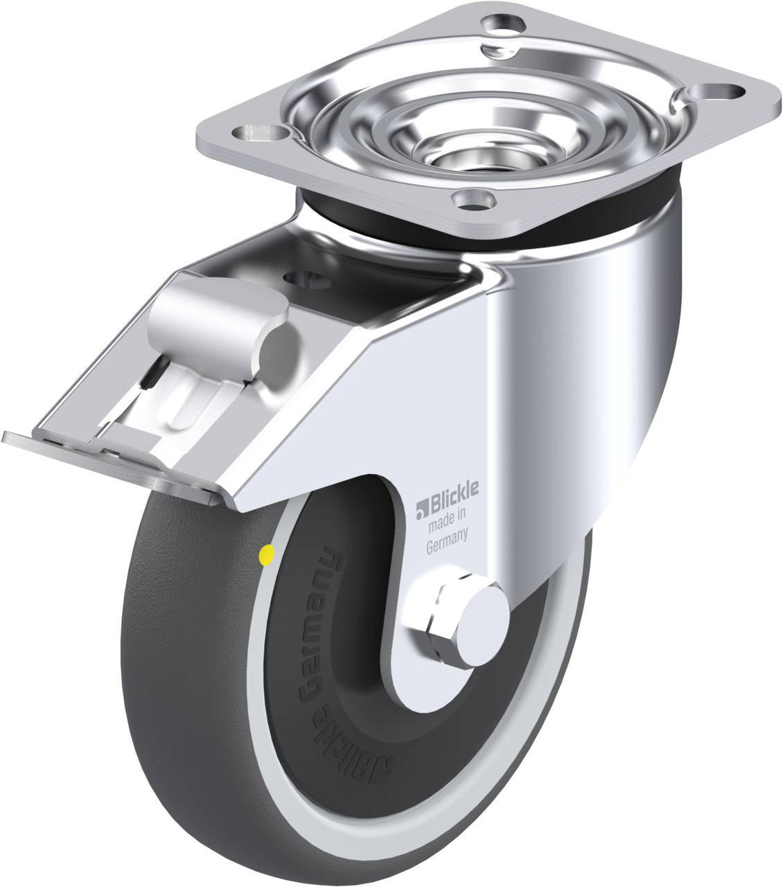 Eine robuste Lenkrolle aus Metall mit Befestigungsplatte, geeignet für schwere industrielle Anwendungen.